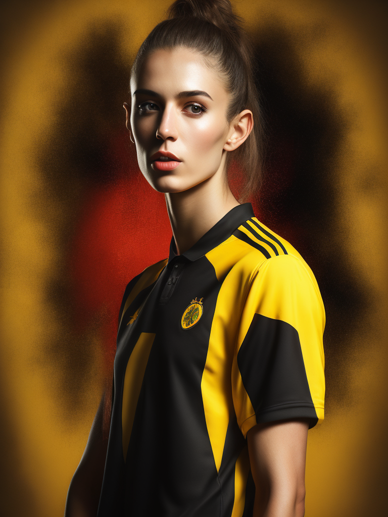 Portrait of soccer english player 1900, yellow and black shirt, whole body, bright and saturated colors, elegant, highly detailed, vogue, fashion magazine, sharp focus, Bright expressive makeup, Dramatic Lighting, Depth of field, Incredibly high detailed, blurred background