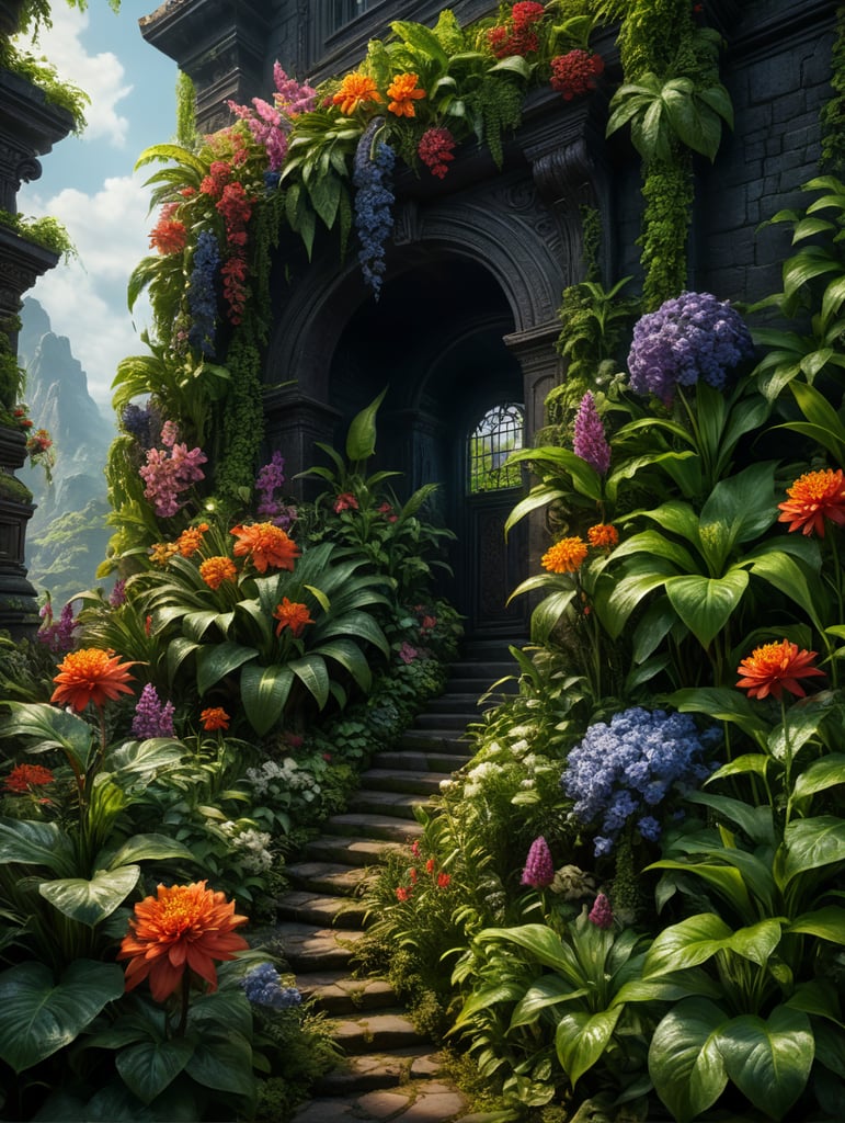 lush plants and flowers, high quality, vivid color, very detailed