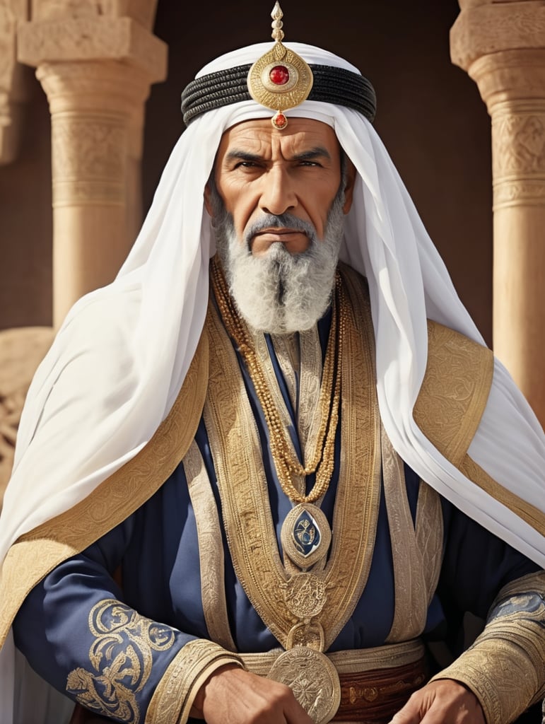Image of the figure of a warlord in ancient times with a handsome face wearing Middle Eastern style royal clothing and gusts of wind blowing towards the warlord and his dashing face