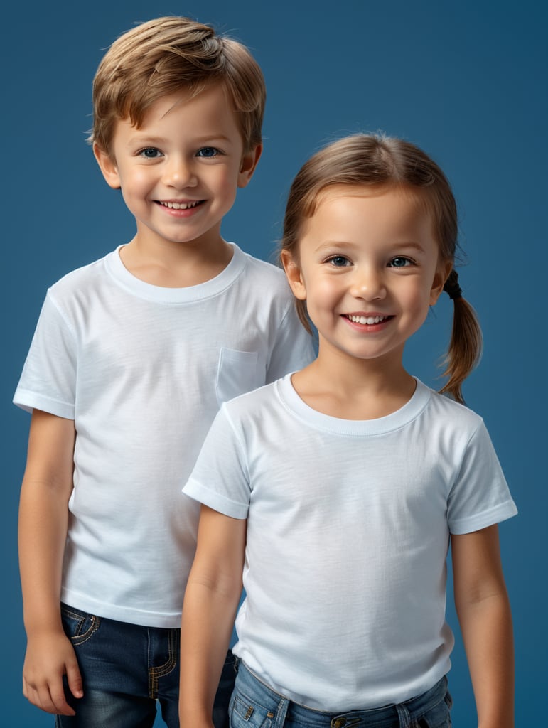 a Little boy and girl wearing white t-shirts, standing in front of blue background, blank shirts no print, 3 years old smiling toddlers, photo for apparel mock-up