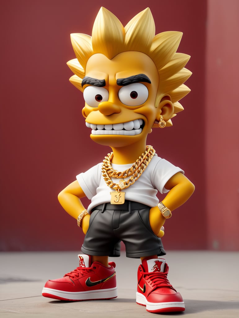 thug bart simpson wearing gold chains, gold grill, and new red and white Jordan #12 shoes