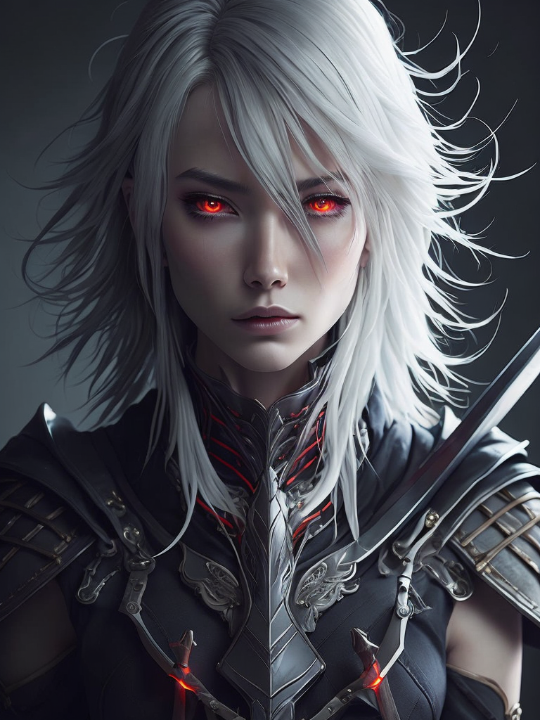 Create a digital artwork featuring an anime girl with white hair and red eyes, holding a sword