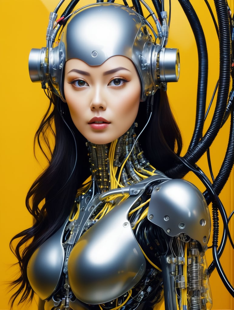 Half body photography, in front of a yellow wall, a futuristic cyborg woman, full of cables and wires and led, an well shaped transparent dark plexiglass latex body plc robots with silver motor head, 80 degree view, art by sergio lopez, natalie shau, james jean and salvador dali