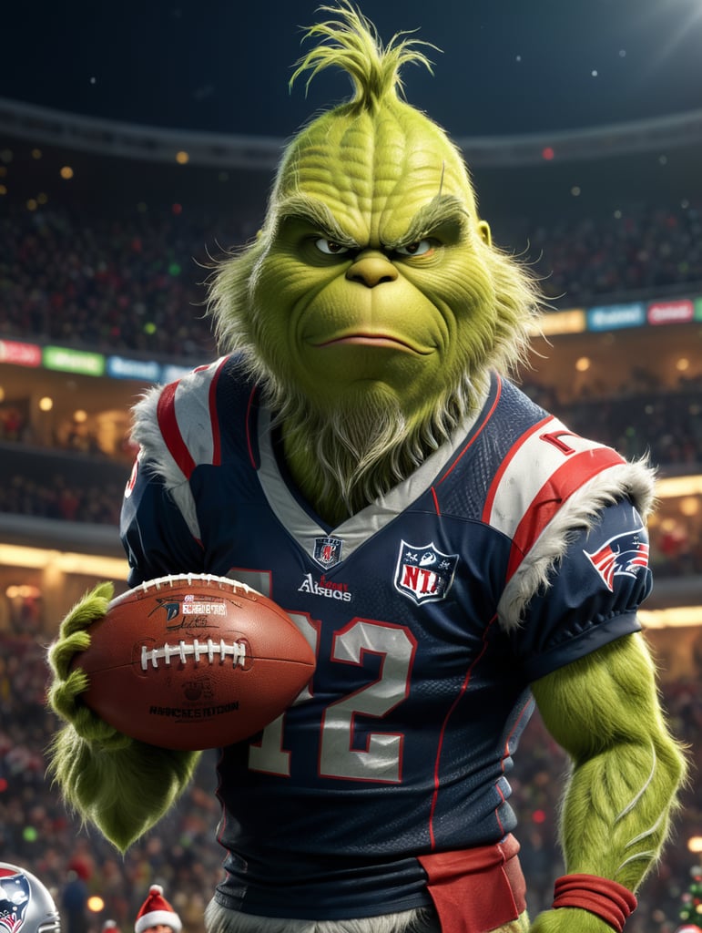 grinch wearing the patriots jersey holding a football with Christmas background