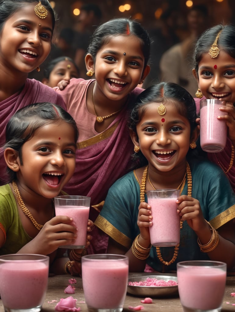 south Indian kids drinking rose milk with happy face