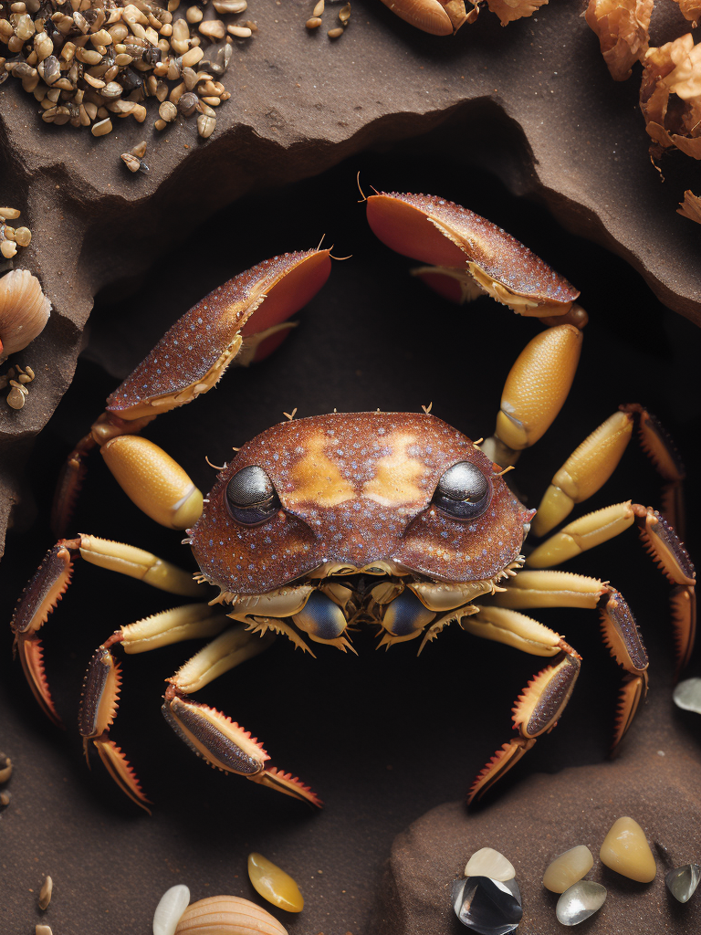 A hyper-realistic, high-resolution 16k image capturing a close-up of jeweled crabs, their shells adorned with intricate patterns and vibrant colors. The crabs should be situated on a sandy beach, the grains of sand providing a contrasting texture to the smoothness of their shells. The lighting should be the warm, golden light of a setting sun, casting long shadows and highlighting the jewel-like colors of the crabs. The composition should be a macro shot, focusing on the crabs and showing the world from their perspective.