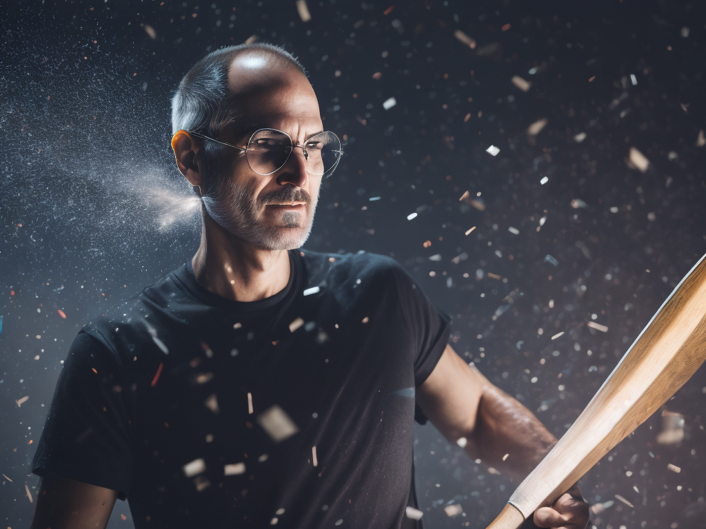 Steve Jobs breaking windows with an axe, bright and saturated colors, highly detailed, sharp focus, Dramatic Lighting, cyber-punk style