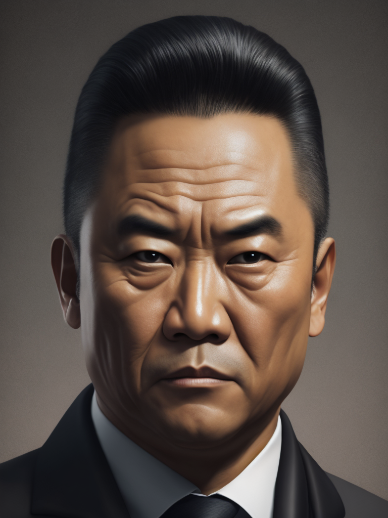 Portrait of a Chinese mafia boss in formal suit, scar on a face