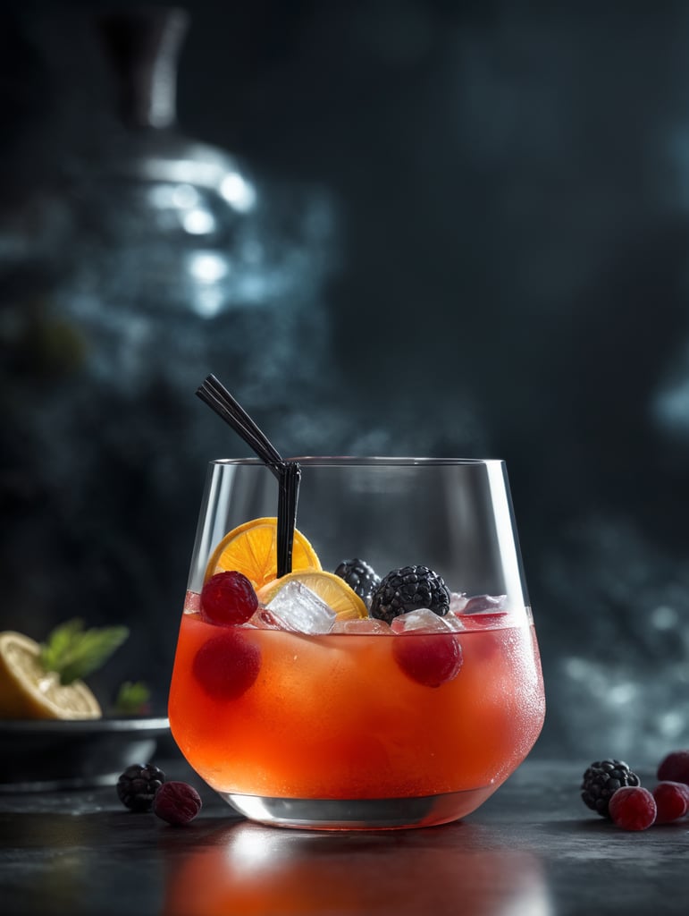 gin cocktail with a dried slice of fruit, professional food photography, depth of field, fantastical