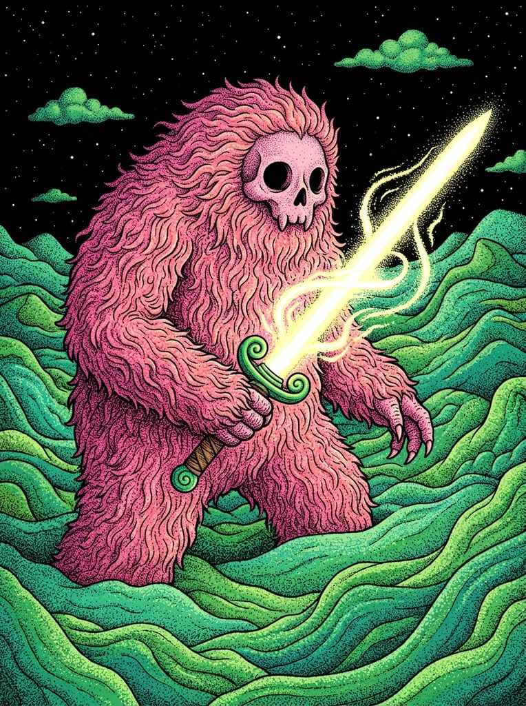 A fluffy pink creature with hollow black eyes and a skull-like visage stands waist-deep in undulating green terrain wielding a glowing energy sword. The massive entity is covered in dense, wavy pink fur and grasps a radiant blade emitting a bright yellow-white glare, featuring a green swirling handguard and a brown wrapped hilt. The surrounding landscape consists of highly textured, rolling green forms set against a pitch-black starry sky dotted with isolated green clouds. Meticulous pointillism and stippling define the illustration, creating intense visual contrast.