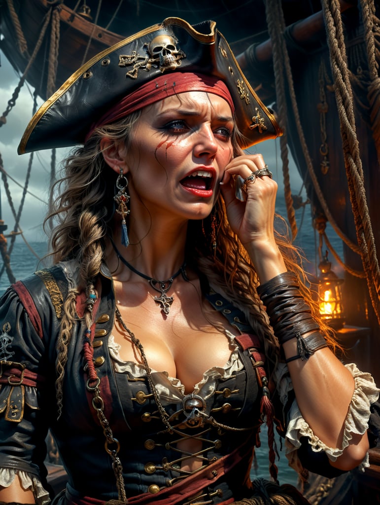 A beautiful pirate captain held captive, her hand tied up and she is crying in fear