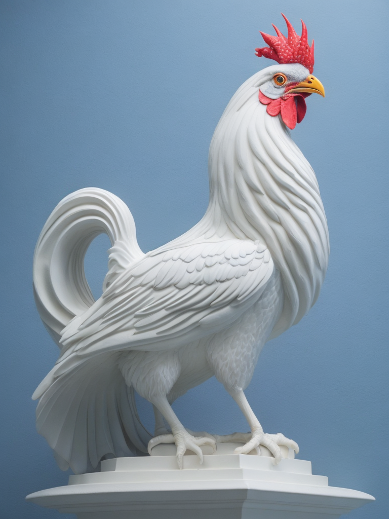 Create an all white statue depicting a majestic rooster. The lighting should highlight the artwork and create a dramatic atmosphere. The background should be a light blue sky.