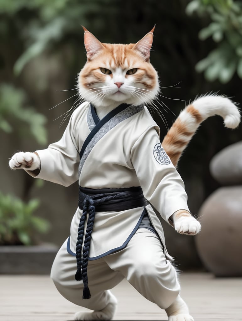 a cat doing Taijiquan. he has long braided ponytail, he looks like Feng Wei from tekken