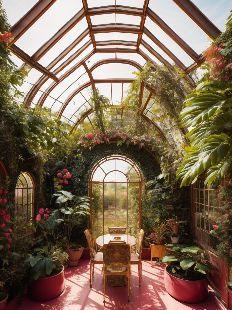 Architectural photo of a maximalist pink solar greenhouse interior with lots of flowers and plants, golden light, hyperrealistic surrealism, award winning masterpiece with incredible details, epic stunning pink surrounding and round corners, big windows, art space, green house walls and celling