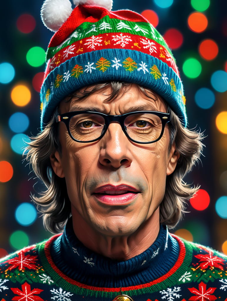 Mick Jagger wearing an a brightly patterned ugly Christmas sweater and wayfarer glasses and Christmas beanie, Vivid saturated colors, Contrast color