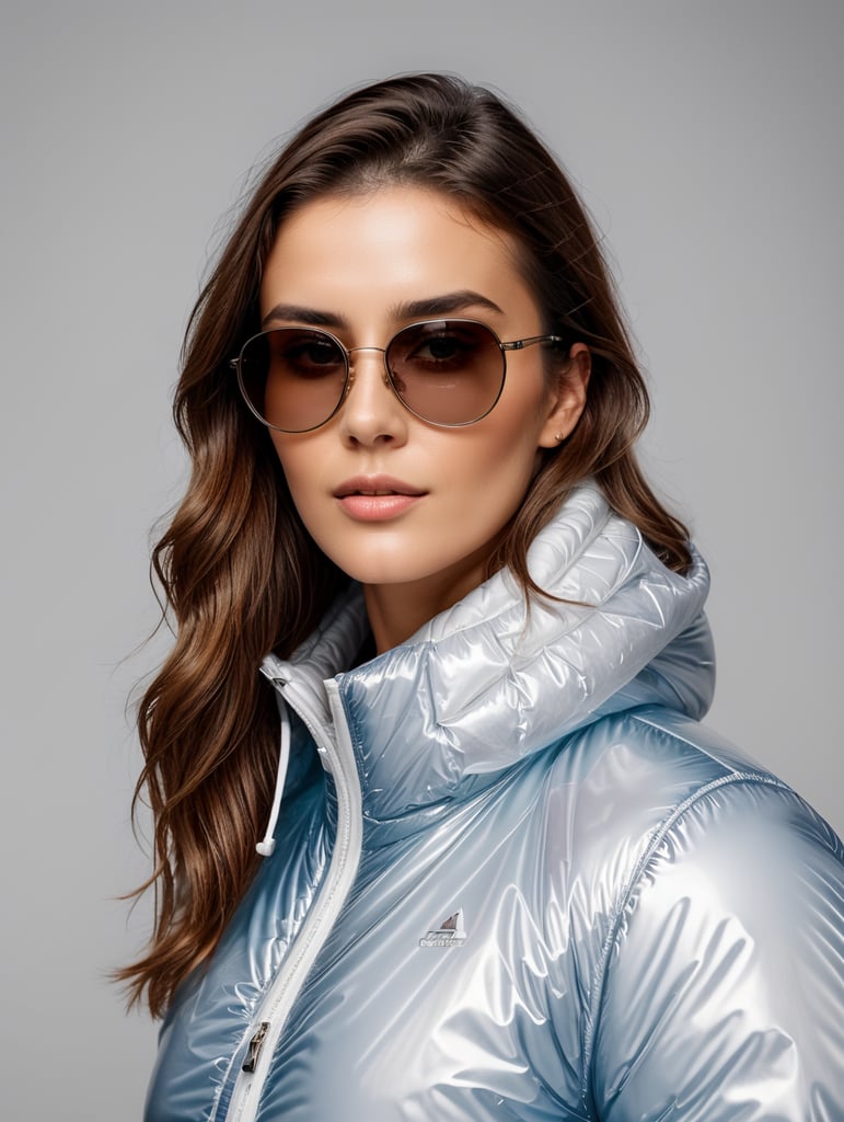 Inflatable white minimalist women's puffer jacket, wearing sunglasses, transparent, isolated, grey background, mockup