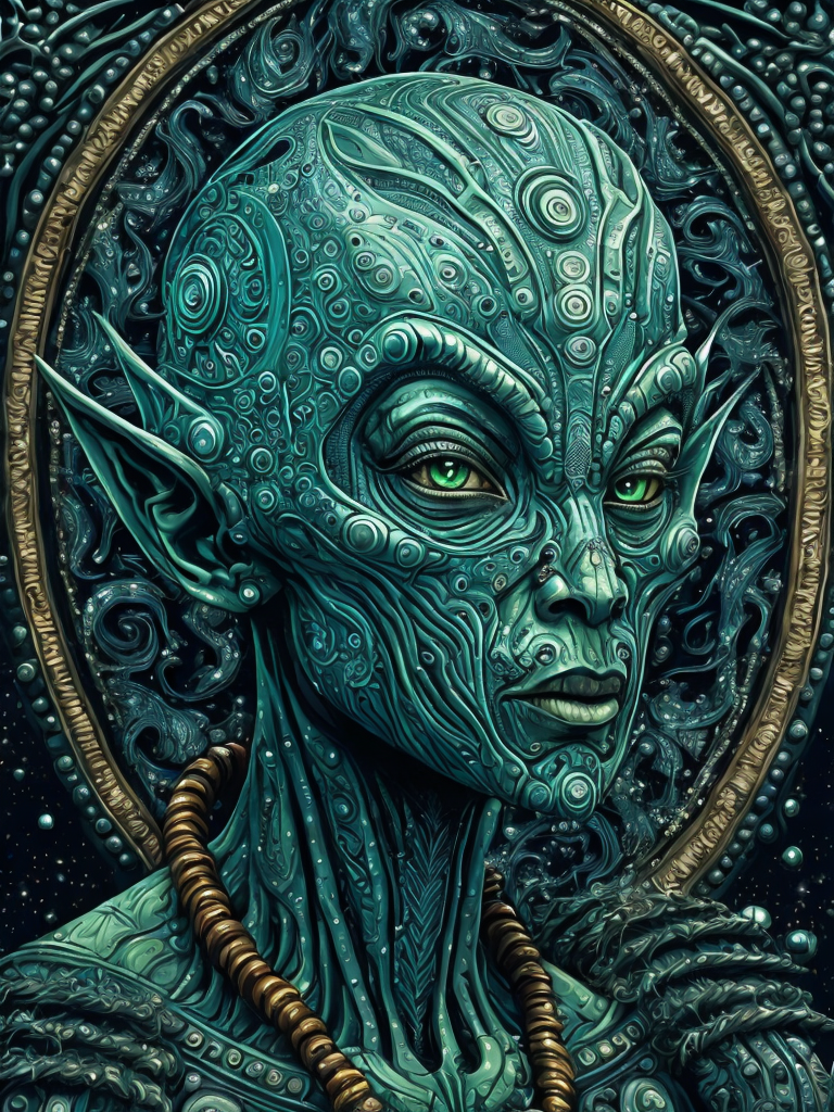 Portrait of an alien, batik, intricate details, surreal, Alien, Cyberpunk Trashcore Style, green and ice blue, s 1000