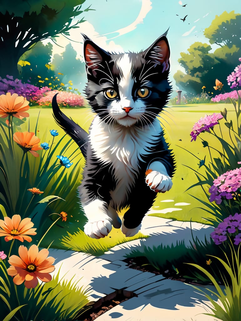 Black and white kitten in a garden jumping in surprise on grass with flower bed in the background