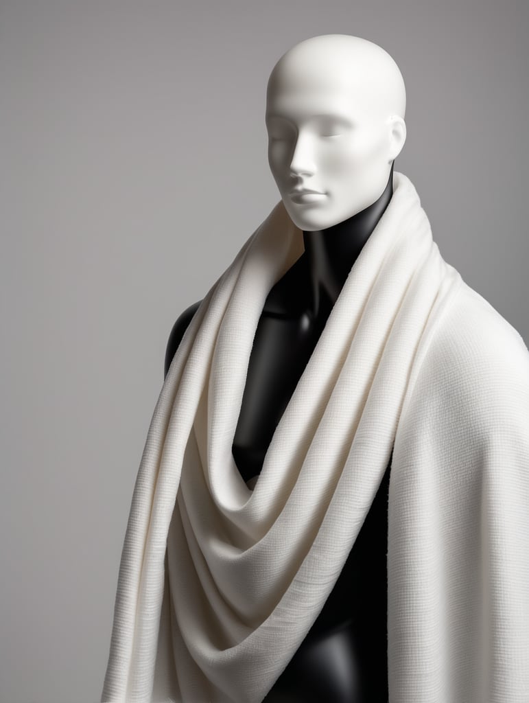 A black matte mannequin without a face and hair, a white blanket is draped over the shoulders of the mannequin and the mannequin is wrapped in a blanket. One leg of the mannequin peeks out of the blanket. The blanket is white, thick and airy. The blanket gently wraps around the mannequin. 4K quality, photo realistic style. There is a gray background behind and under the mannequin.