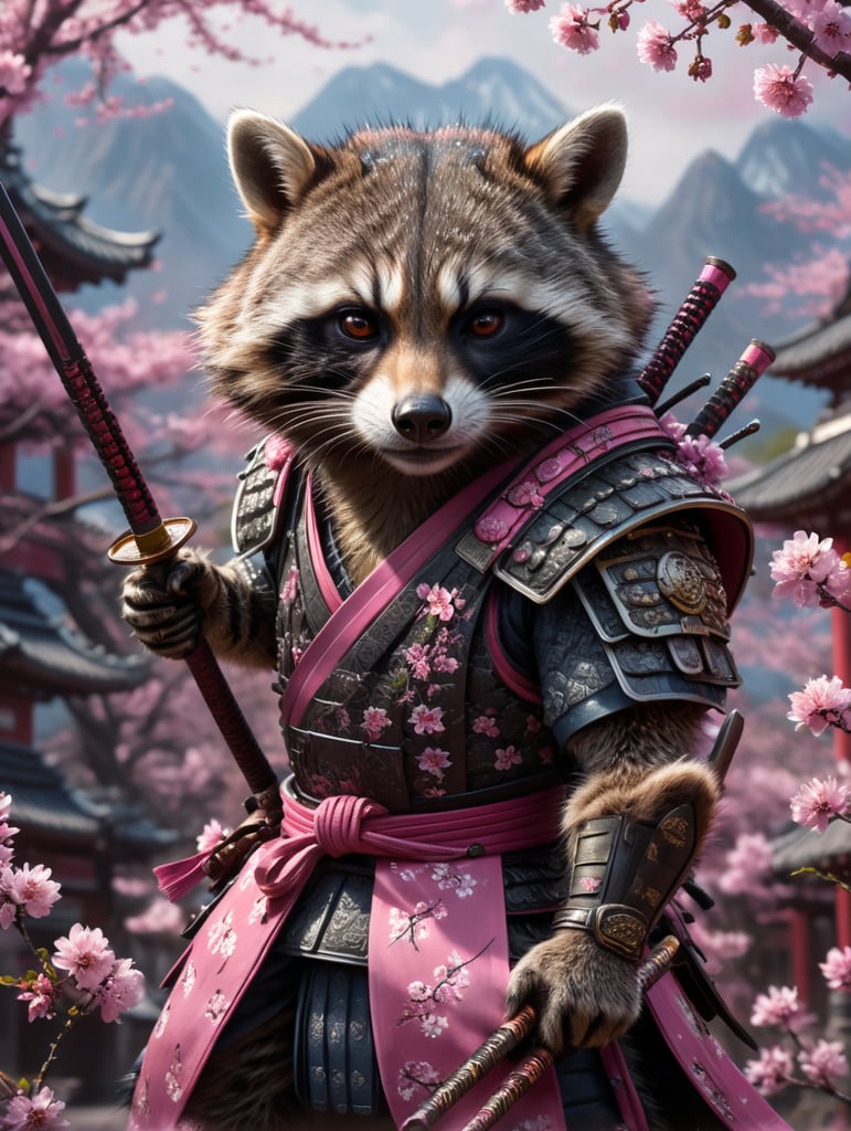 raccoon samurai, pink sakura background, tiny
