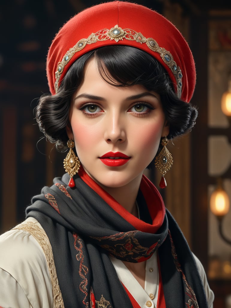 ulher arafed em um Chapéu vermelho e lenço em uma Capa de revisão piCtóriCa, Cor vistosa dos anos 1920, 1 9 2 0 s anúnCio, 1 9 2 0 s Cabelo de pano, J C LeyendeCker 8 K, j. C. LeyendeCker 8 K, j. C. LeyendeCker. Cabelos pretos
