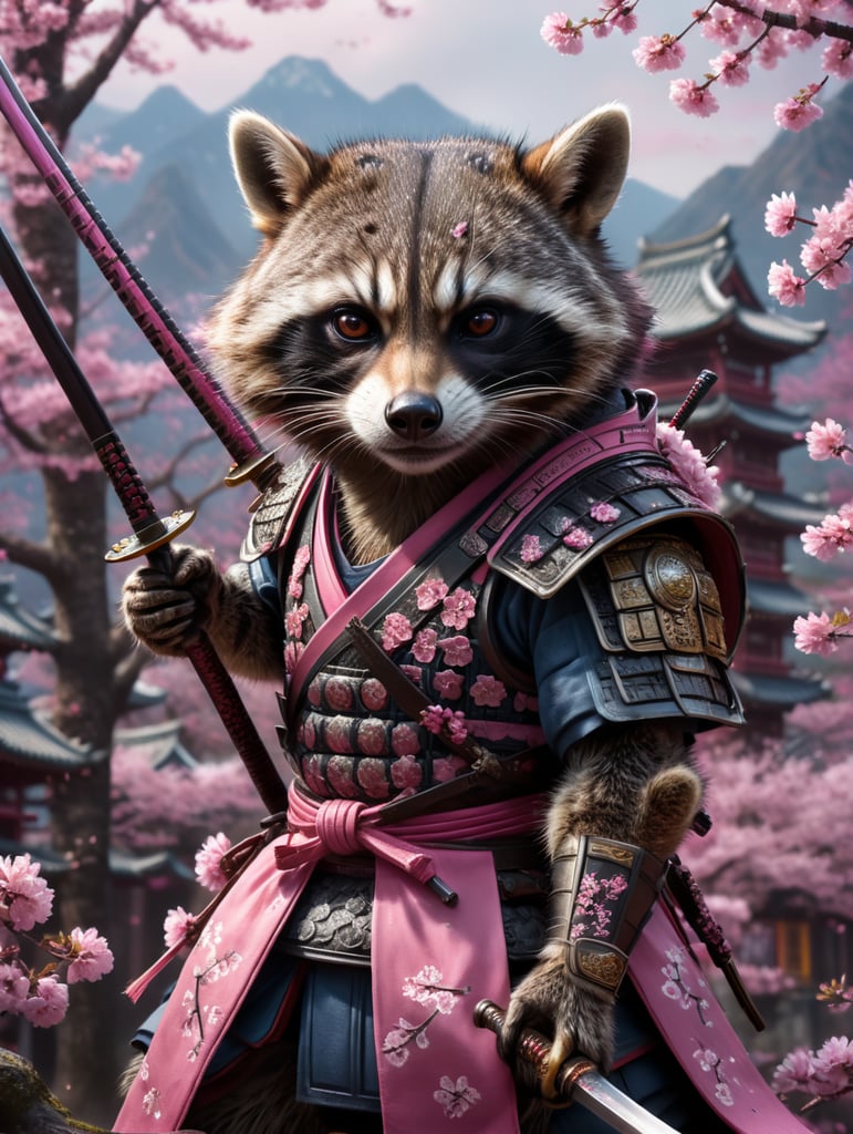 raccoon samurai, pink sakura background, tiny