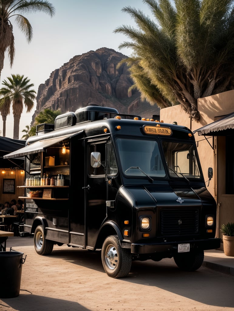 Black vintage food truck in the mexican dessert