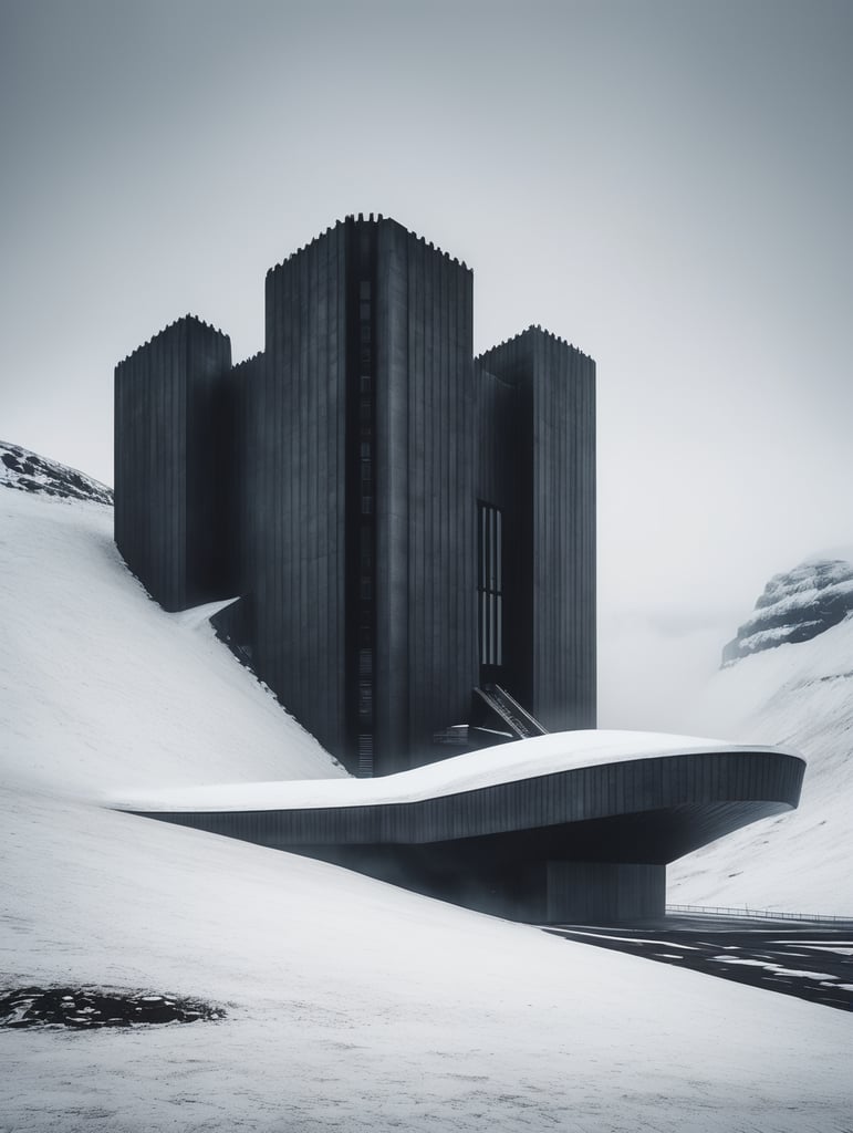 Ultra wide angke cinematic photo of a mesmerically moody dark and gloomy massively monolithic scandinavian minimalism brutalist futuristic structure on an icelandic norwegian scandinavian mountain exterior between two worlds with snow mist and fog and dust styled