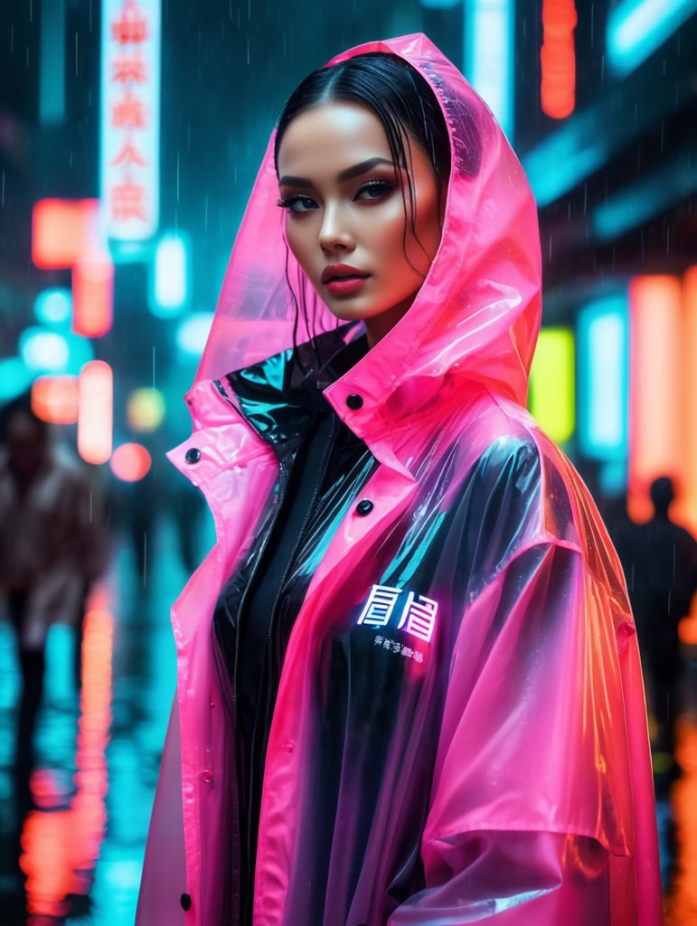 Portrait of A super model women wearing translucent raincoat, standing on a street under the heaviest rain, neon cyber city, dark night, neon signs,