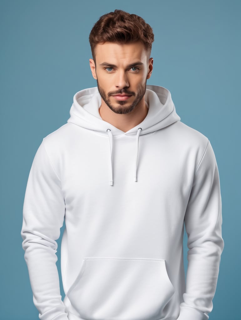 photography of a man wearing blank white hoodie, isolated, blue background, style of James Bidgood, mockup, mock up