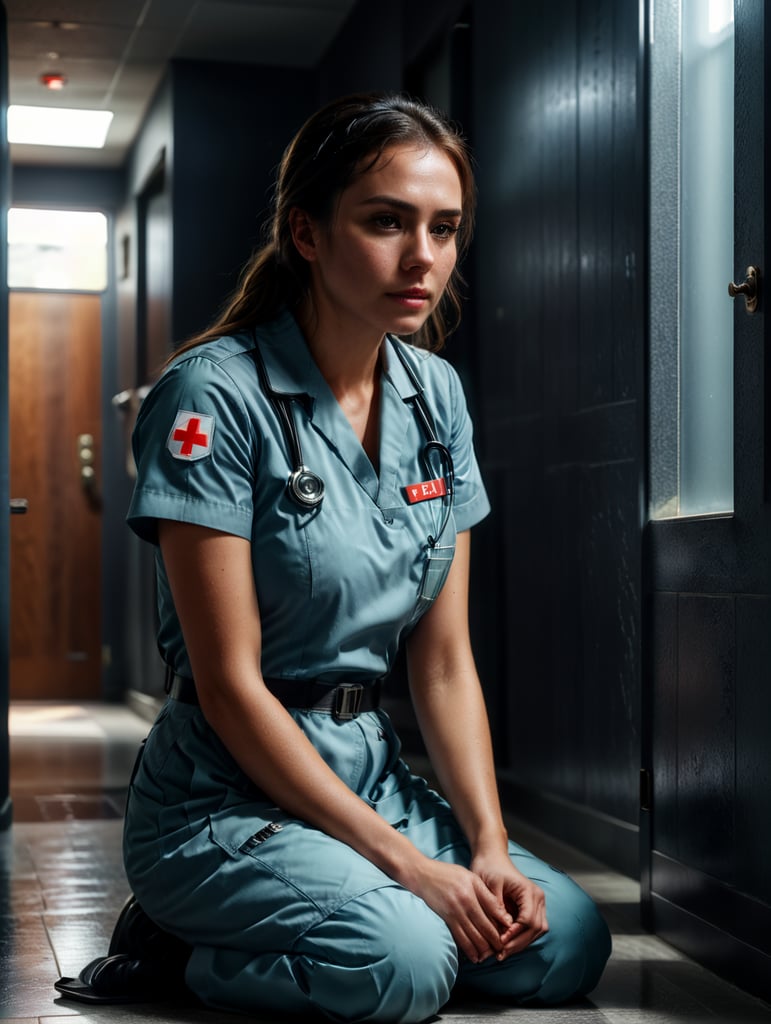 Portrait of a female working nurse, sitting on the floor in the hallway, sad face, sad colors and atmosphere, the light from the window illuminates her face, low angle photo