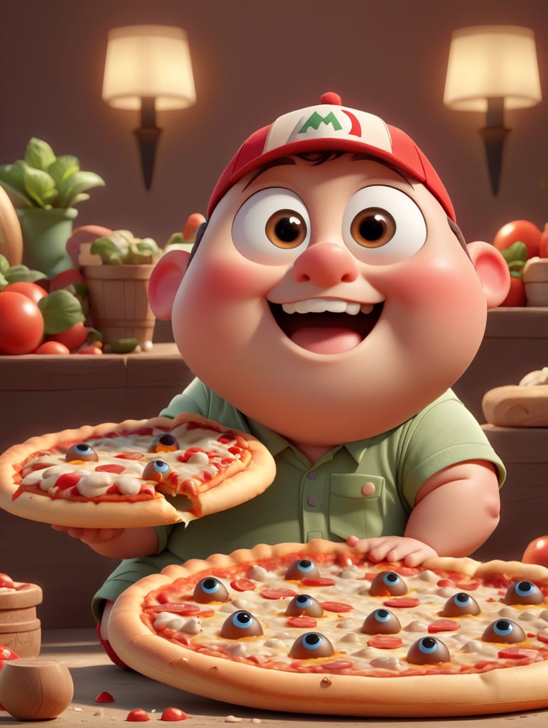 Pixar style, tiny cute fat pizza with big eyes, red sport cap, happy, 3D character