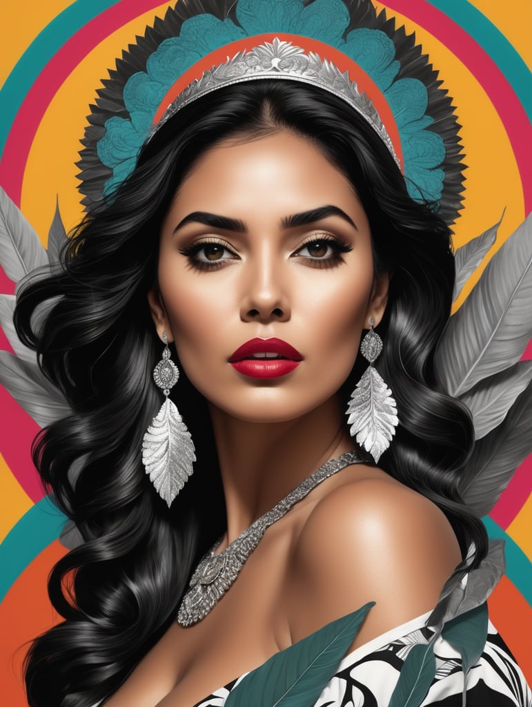 high fashion photography model pop art mexican woman dramatic pose upper body looking in the distance while holding a leaf black and white photography high details