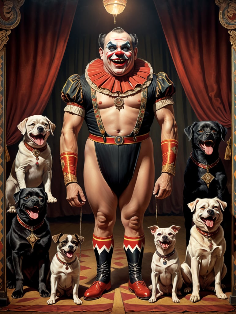 Vintage style circus sideshow poster of a full body anthropomorphic Scary midget with dogs head