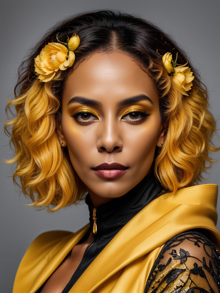 Donyale luna, avant-garde, simplygo, photoshoot spread, dressed in all yellow, black background, harpers bizarre, cover, headshot, hyper realistic