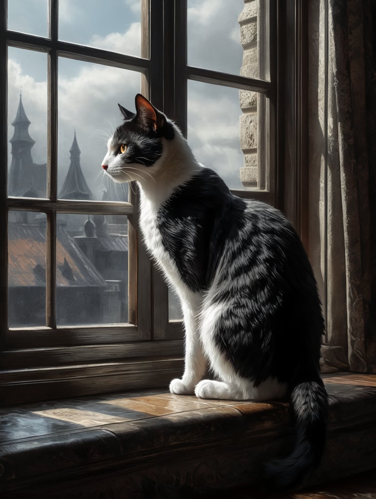Black and white cat near window