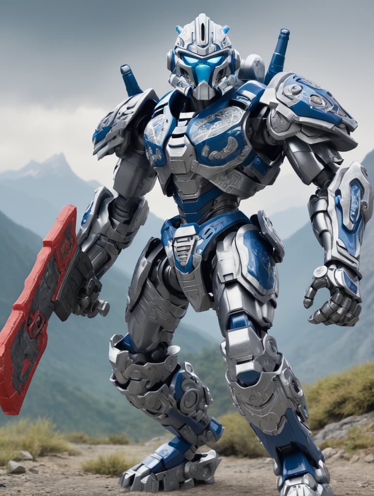 Bionicle, Hewkii, mechanical warrior, wielding axe, striding forward, mountainous background, holding small axe in left hand, shoulder-mounted blaster, heavy armor, pistons, large metal feet, droid, wearing mechanical mask, cyberpunk, hoses running along back