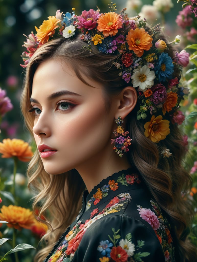 Girl in a blooming garden, fashion editorial, floral edition, millions of colorful flowers, analog fashion portrait, fashion photo of a portrait of a girl in profile with an open ear