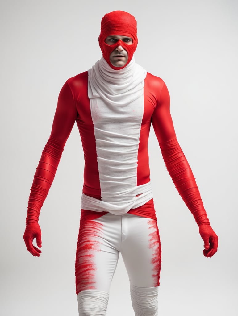 A photograph of man covered in red bandages with realistic style, halloween costume, white background, full body, show hands, show neck and head