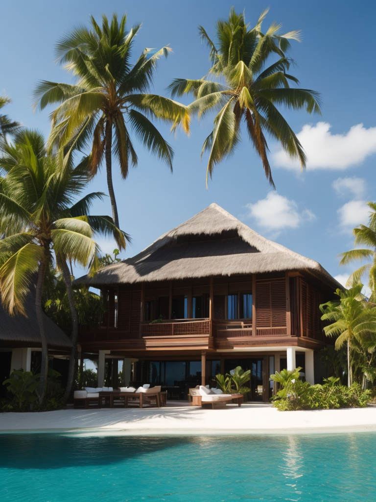 Over water villa in the maledives with the sun shining and some palms, Vibrant and rich colors, blue skies and azure oceans, photorealistic, contrast light, deep colors, Incredibly high detailed