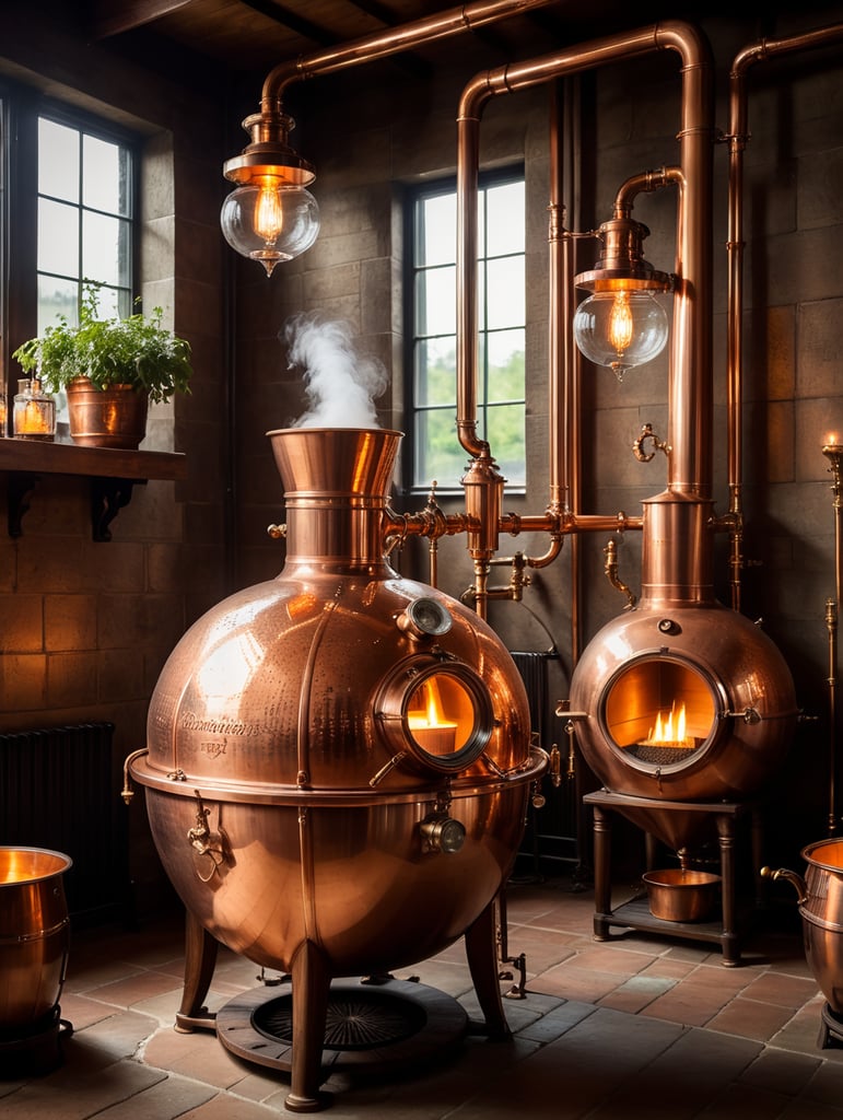 Close-up of a Copper distillation unit alembic, candles on the walls, Dim antique room for whiskey production, herbs and hops, old master sitting on a chair