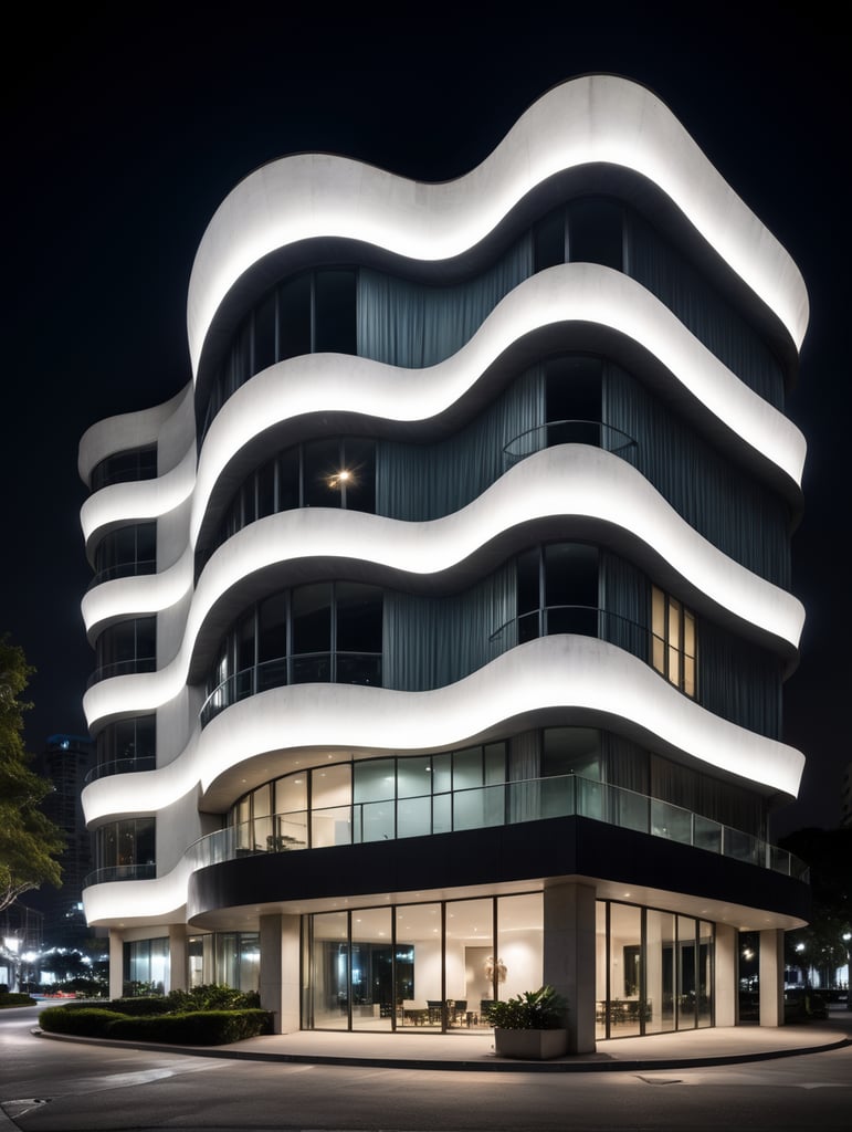 at night, white building with curved shapes in front, in the style of the stars art group (xing xing), women designers, eclectic curatorial style, sculptural costumes, concrete, urban influences, flowing fabrics