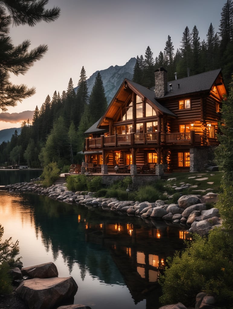 Professional evening photo of a Log mountain house, mountains, lake, forest