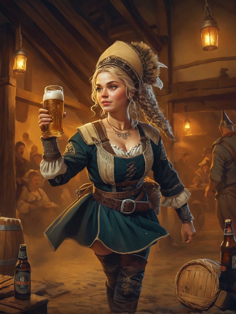 anglo saxon woman on Cute Poster Art for Oktober Fest in the German countryside, girl dressed in traditional tracht and drinking beer, new exciting angle illustrated by Skottie Young