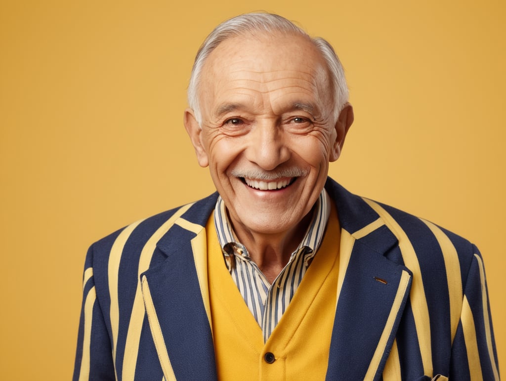 Smiling and cheerful old man in a striped jacket on an isolated yellow background