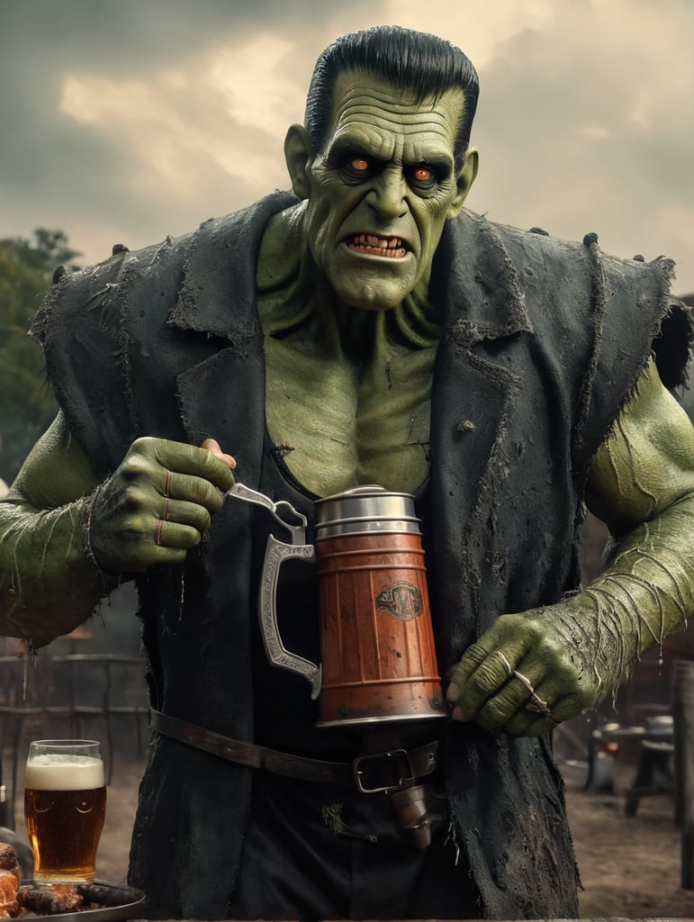 herman munster as Frankenstein's Monster, Green Skin, muted color palette, atmospheric, creepy, intricate detail, reanimated corpse, scar tissue, decomposing, starring eyes, horror, horrific, bolts sticking out of sides of neck, gangrene, veins, mutilated, stitches on forehead, standing next to barbecue grill outdoors holding a beer stein in one hand