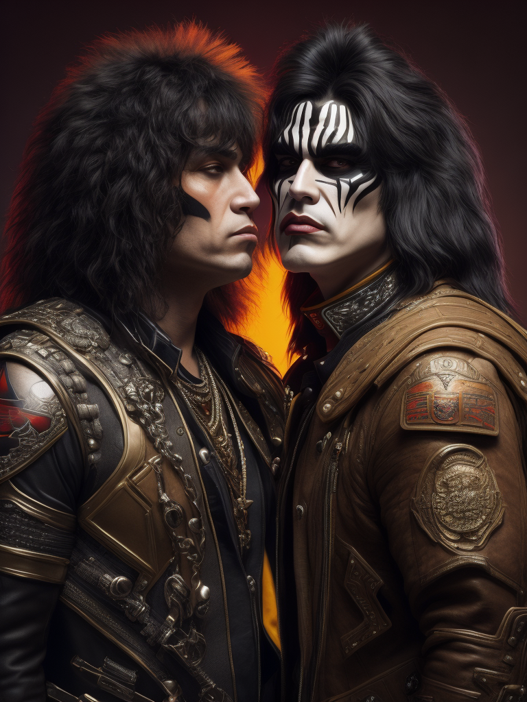 Rock band Kiss, studio photo, professional photo, Bright and rich colors, Detailed image, detailed face,