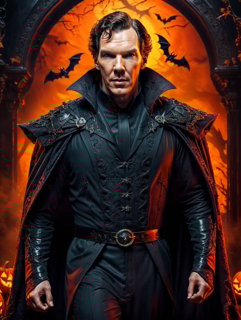 Benedict Cumberbatch wearing spooky Halloween costume, dynamic pose, saturated colors,Spooky theme