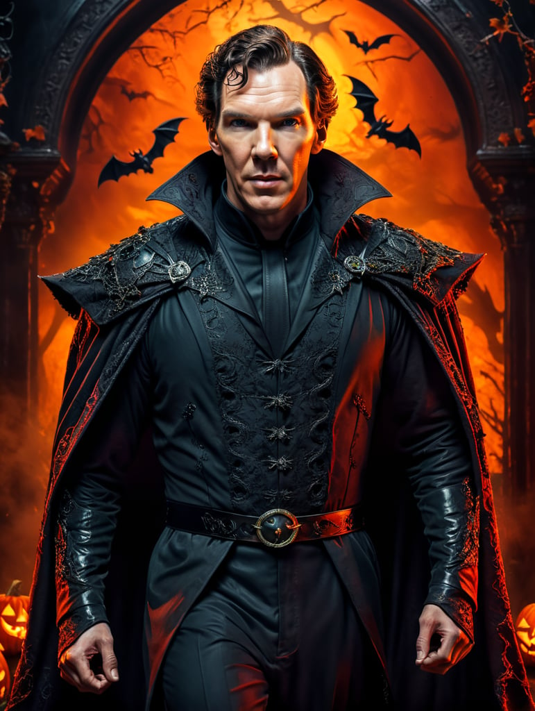 Benedict Cumberbatch wearing spooky Halloween costume, dynamic pose, saturated colors,Spooky theme