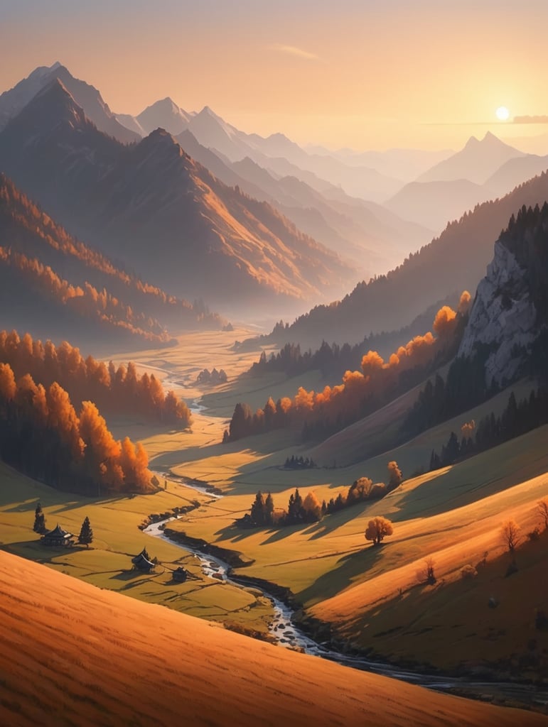 A serene mountain landscape bathed in the warm hues of a sunrise, casting long shadows over the tranquil valley below.